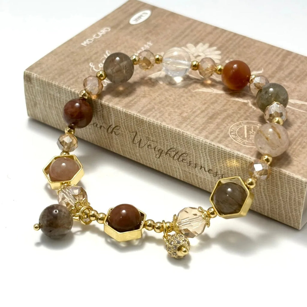 Gold-coloured hand-woven citrine bracelet with auspicious symbols and 8mm beads.