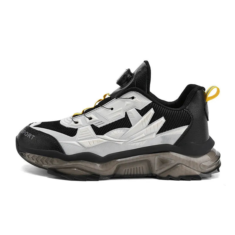 Men's black rotating button dad sneakers with mesh upper and platform sole on a white background.