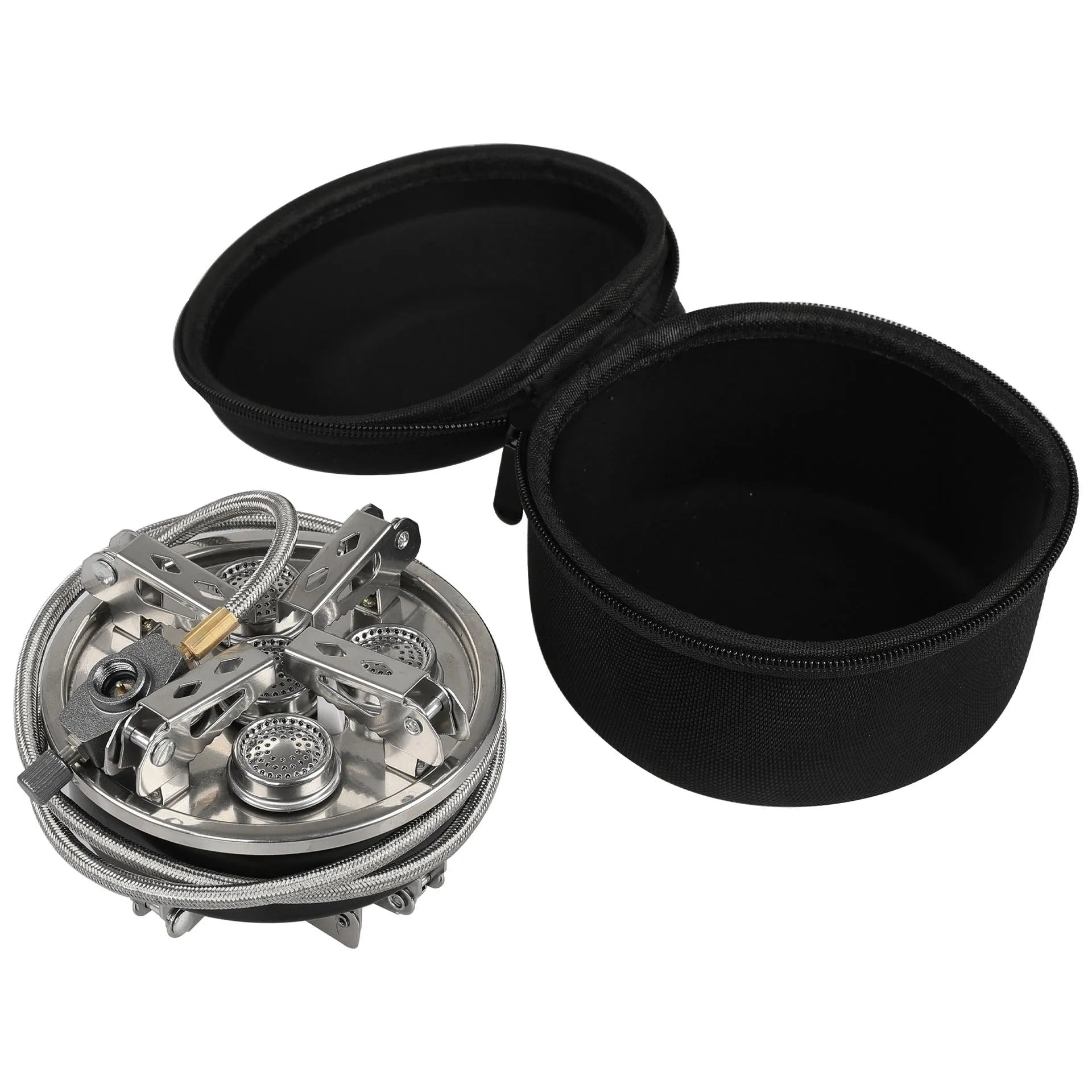 Silver portable split camping stove with extended copper hose on a 155x125mm stainless steel base.