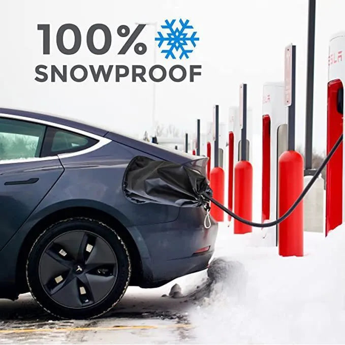 Grey waterproof drawstring cover for an outdoor electric vehicle charging unit.