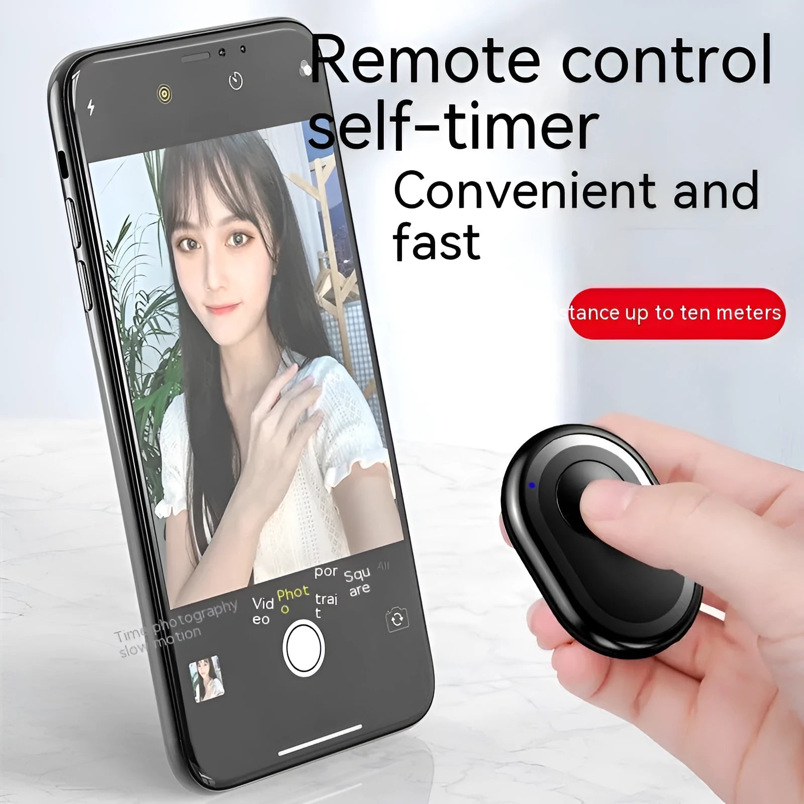 Wireless Bluetooth remote control for smartphone photography in black, pink, and purple colour options