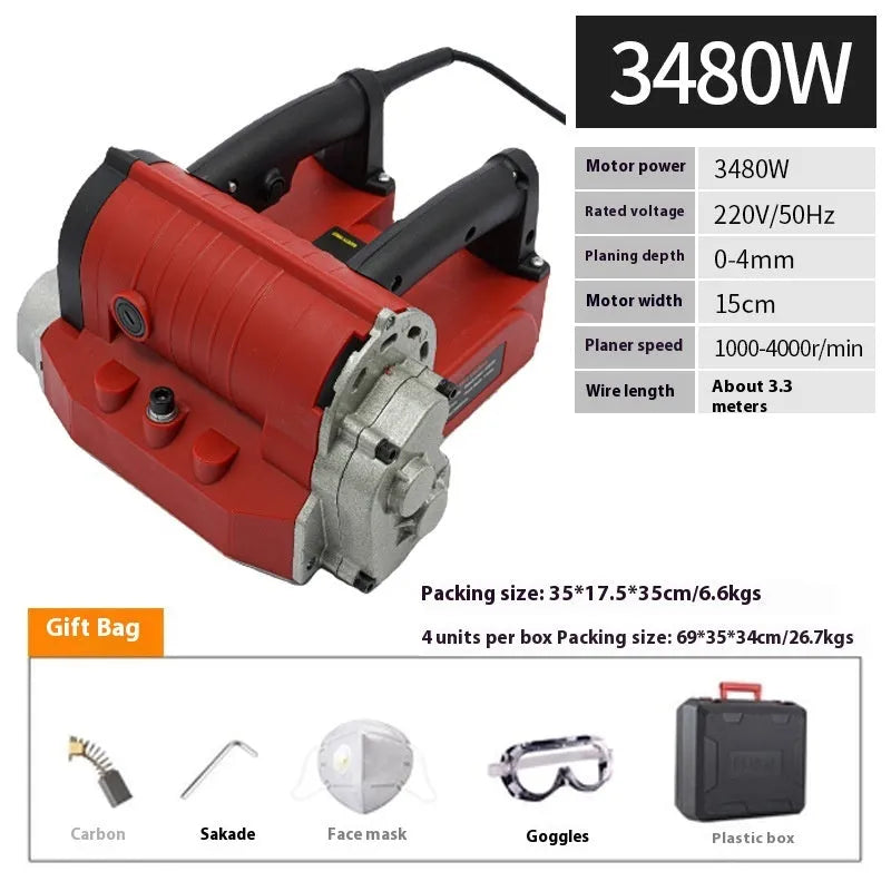 3480W wall planing machine with plastic housing, 82mm planing width, and 5mm planing depth