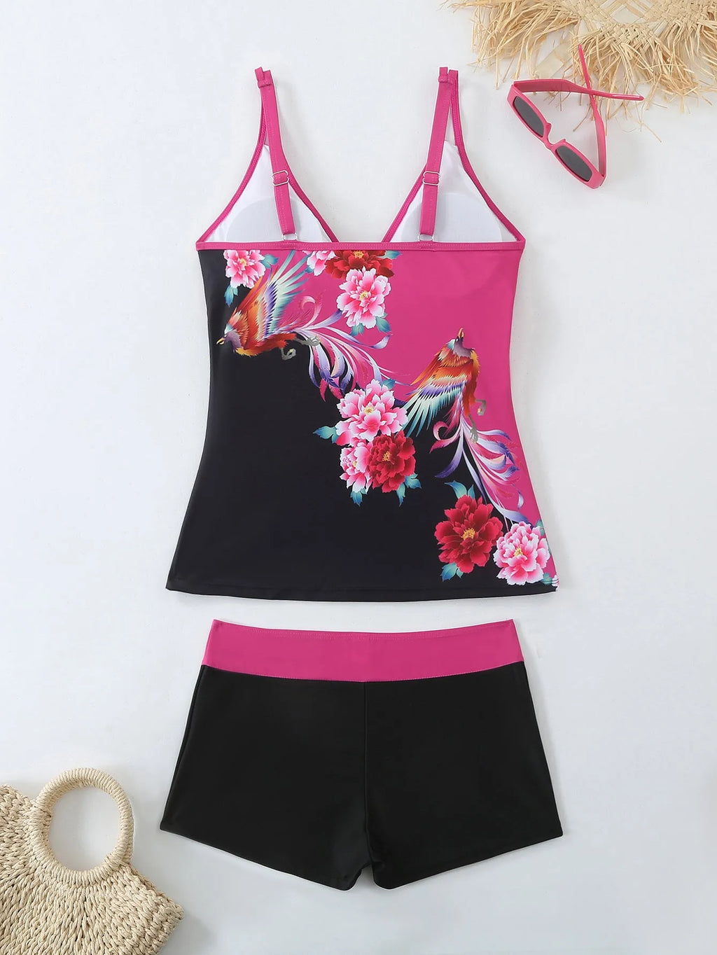 Women's black plus size split print brief swimsuit with a cotton lining.