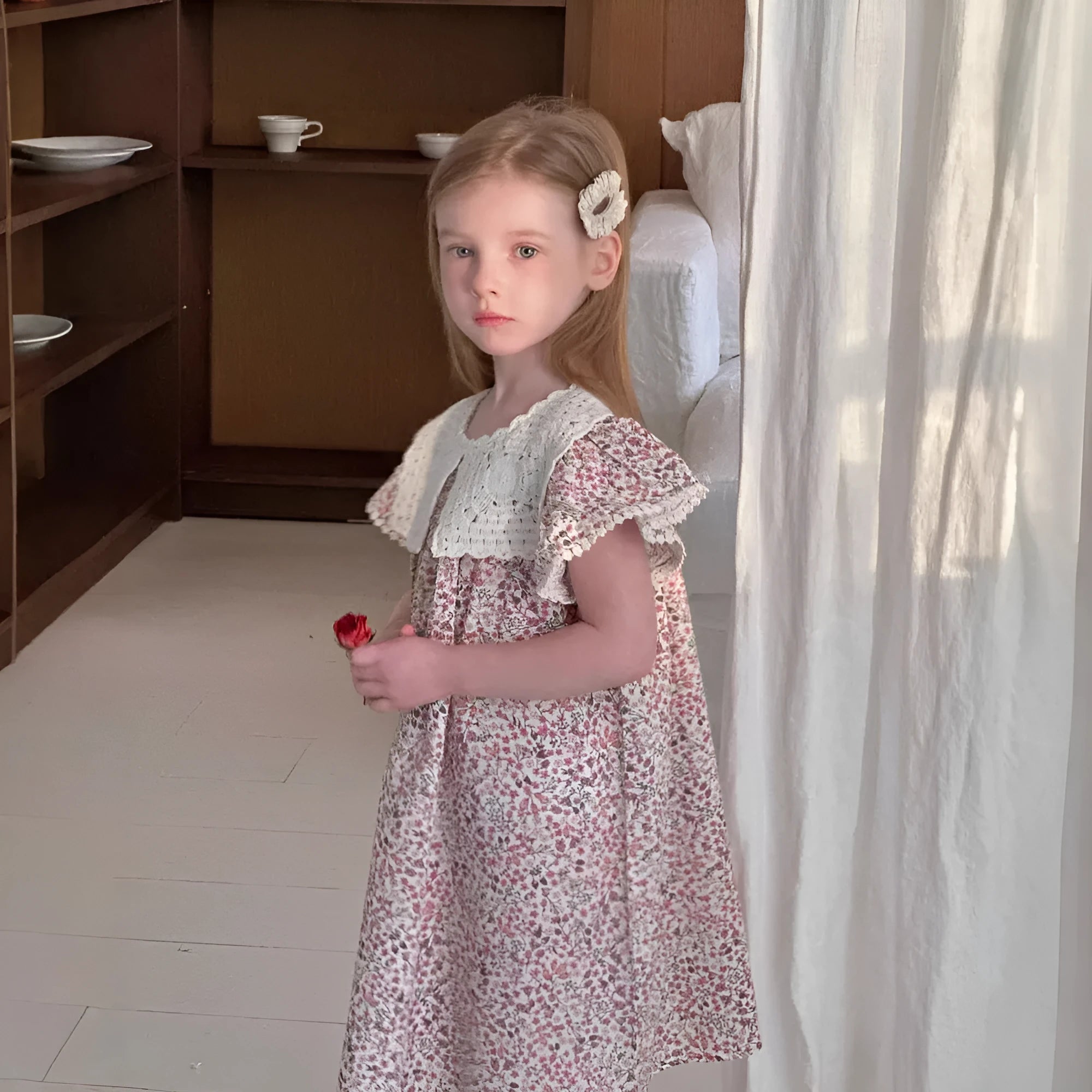 Summer cotton flounced sleeve princess dress for girls, floral pattern, A-line skirt, sizes 90-140cm