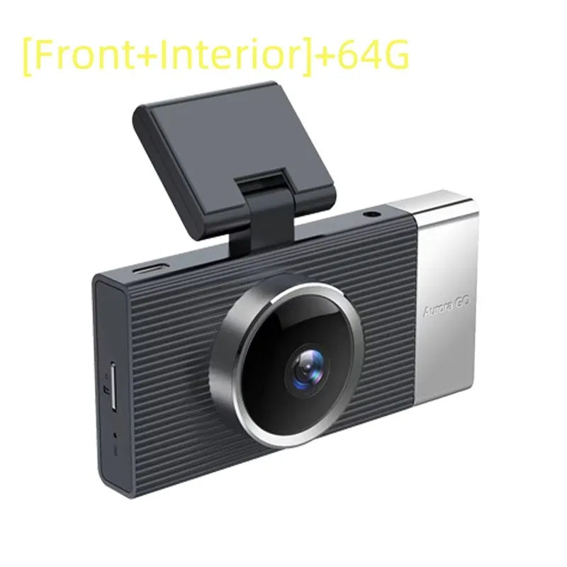 Wi-Fi driving recorder dash cam with 3-inch screen, shown with mobile app connection and multiple lens configuration options