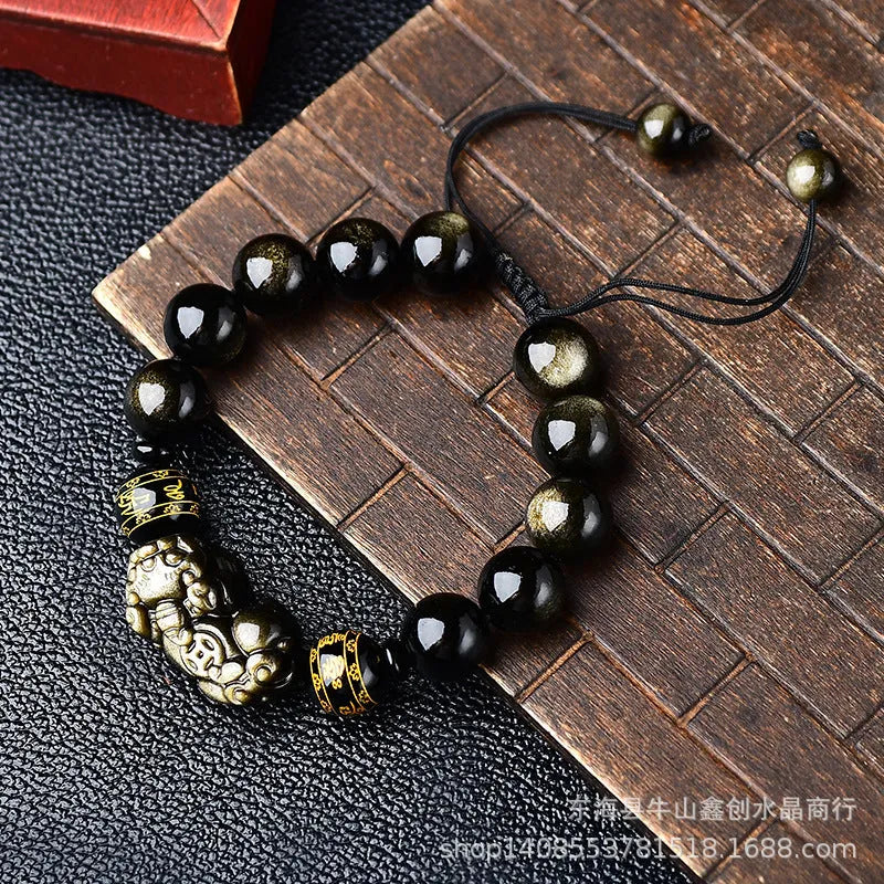 Golden obsidian Pi Xiu bracelet with hand-woven beads in Chinese animal zodiac style