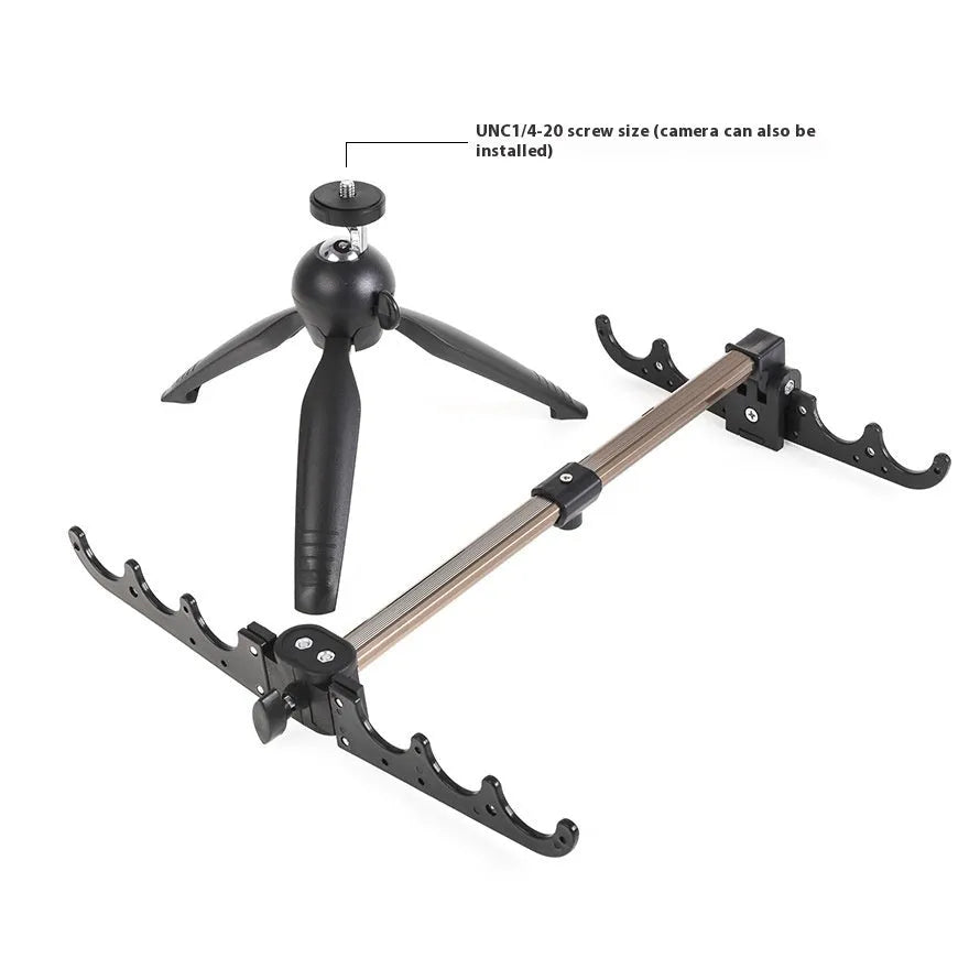 Aluminium alloy ice fishing rod holder bracket in a triangular tripod design on ice.