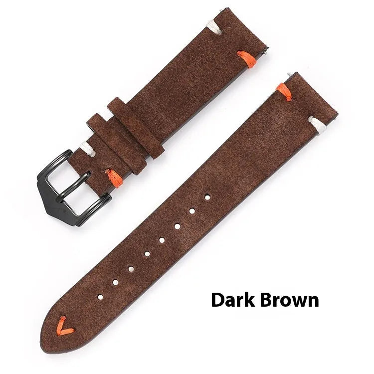 Genuine leather suede quick release watch strap with raw ear design in black, 20mm width silver buckle