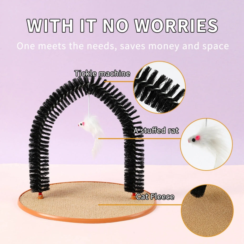Black arch-shaped cat grooming brush with attached mouse toy on non-slip base