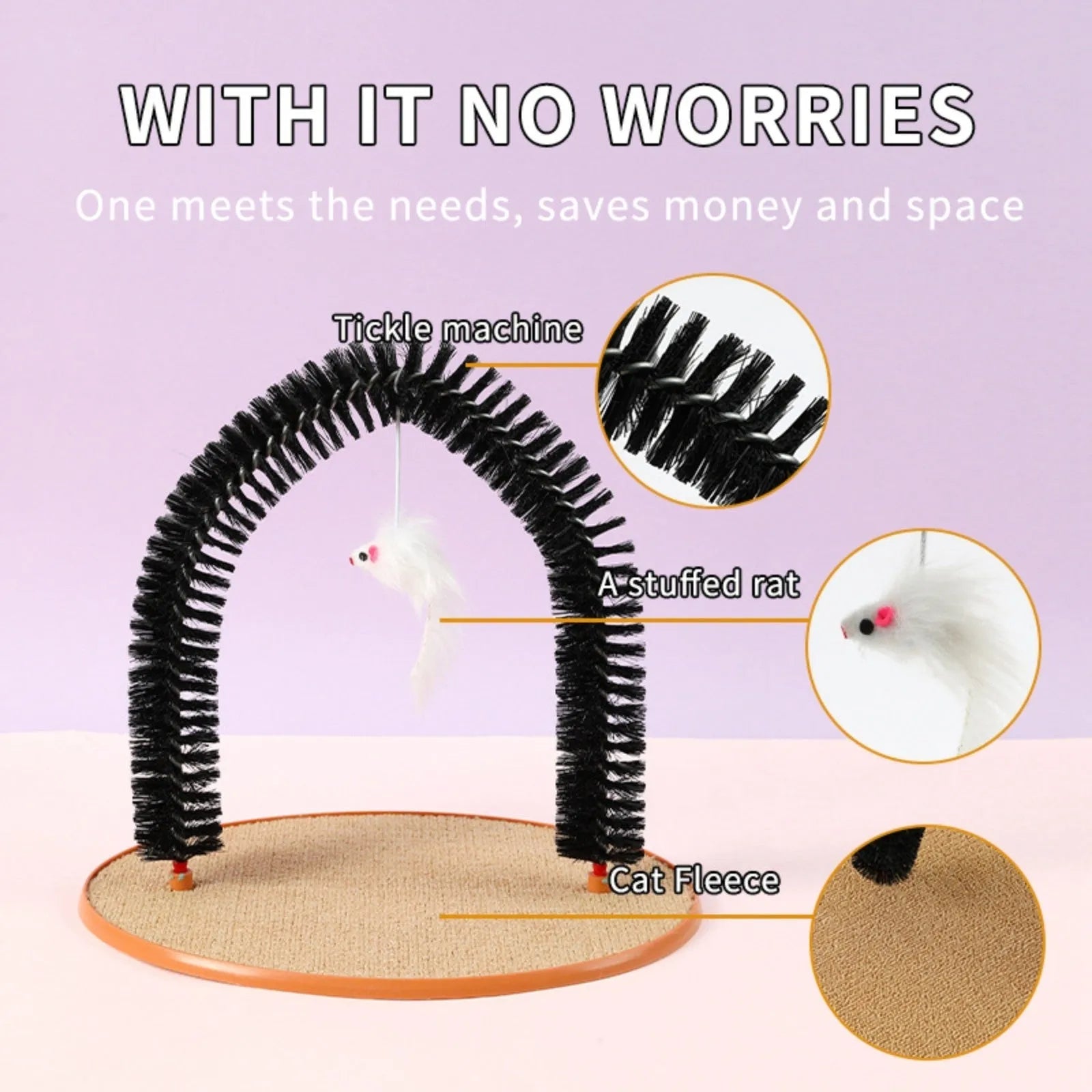 Black arch-shaped cat grooming brush with attached mouse toy on non-slip base