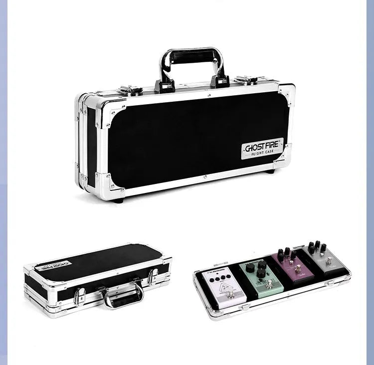 Aviation flight case containing T-EC8 trumpet style guitar effect processor device