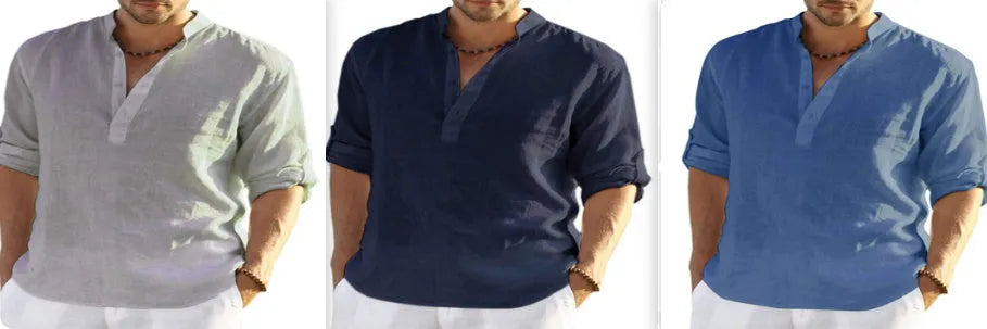 Men's solid colour long sleeve casual shirt in cotton linen fabric with a stand collar.
