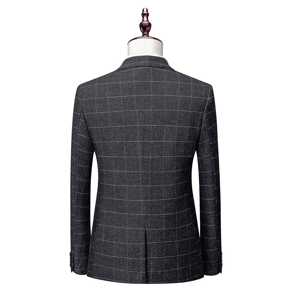 Men's business suit in dark grey polyester, Korean slim fit style with two-button placket and trousers
