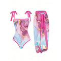 Women's pink printed sheath one-piece swimsuit with skirt for sun protection and swimming