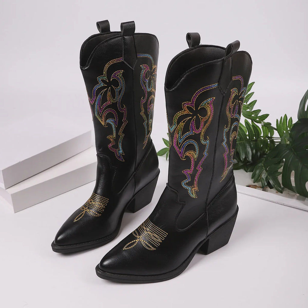 Embroidered knight boots for women with pointed toe chunky heel in brown and black, oversleeve design