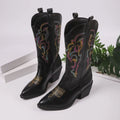 Embroidered knight boots for women with pointed toe chunky heel in brown and black, oversleeve design