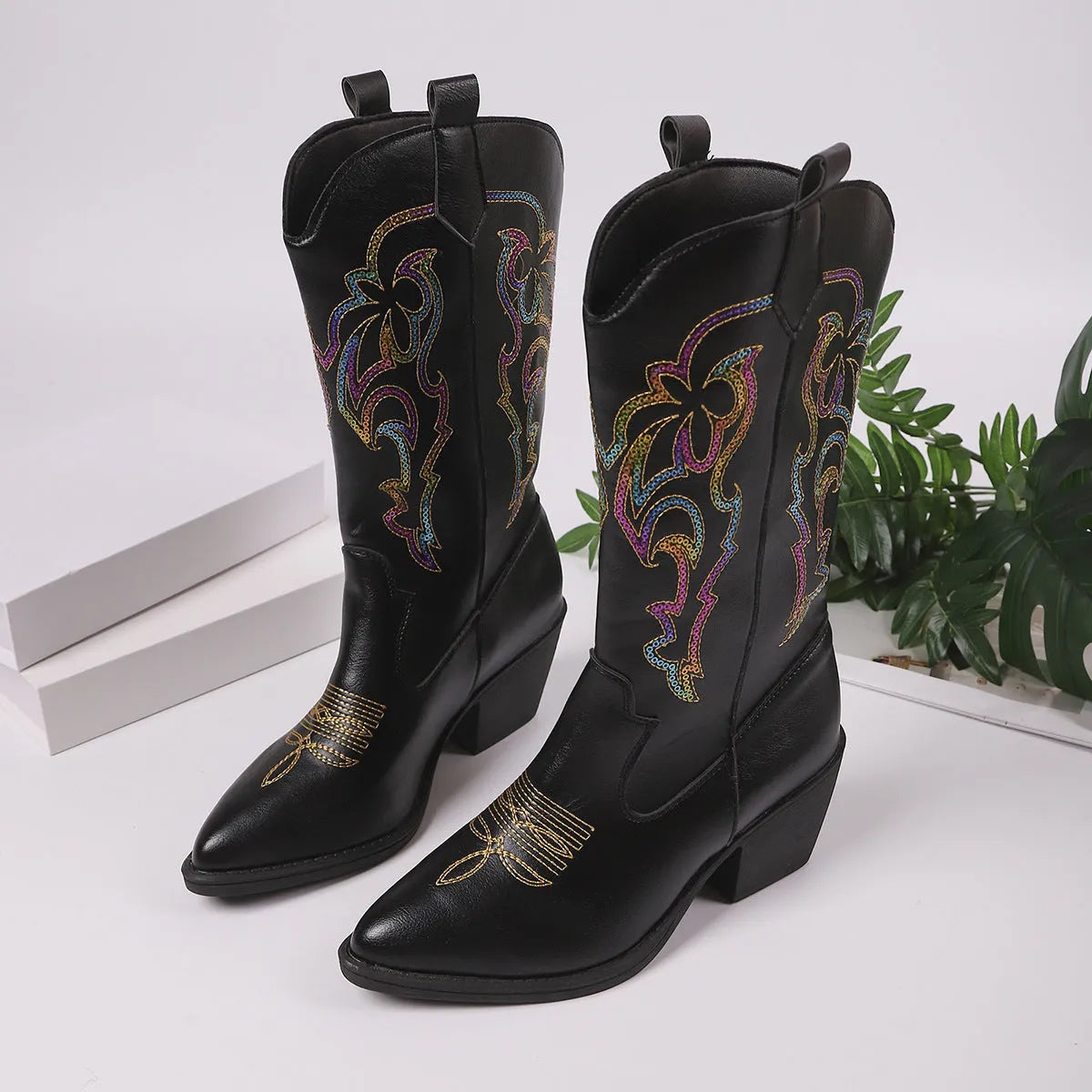 Embroidered knight boots for women with pointed toe chunky heel in brown and black, oversleeve design
