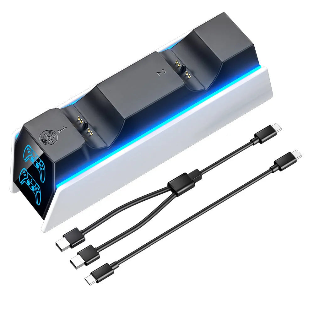 White wireless handle charger for PS5 controller with RGB LED indicator, ABS plastic, size 18.8x5.9x16.8cm