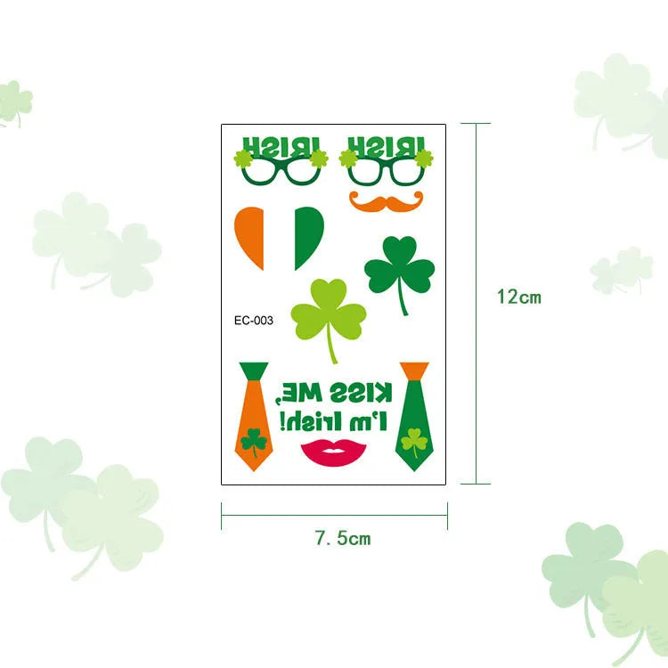 Sheet of St. Patrick's Day clover temporary tattoo stickers showing green design, measuring 120 by 75 millimetres.