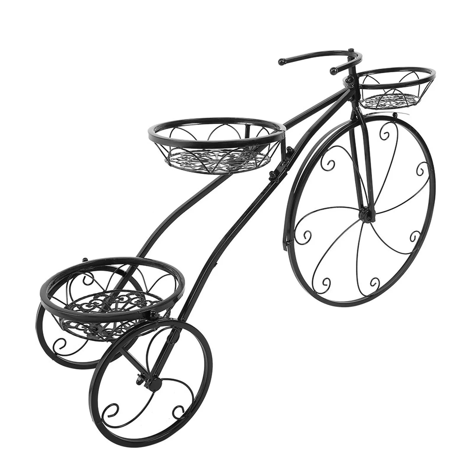Black wrought iron tricycle plant stand with three round basket tiers and decorative scroll wheels