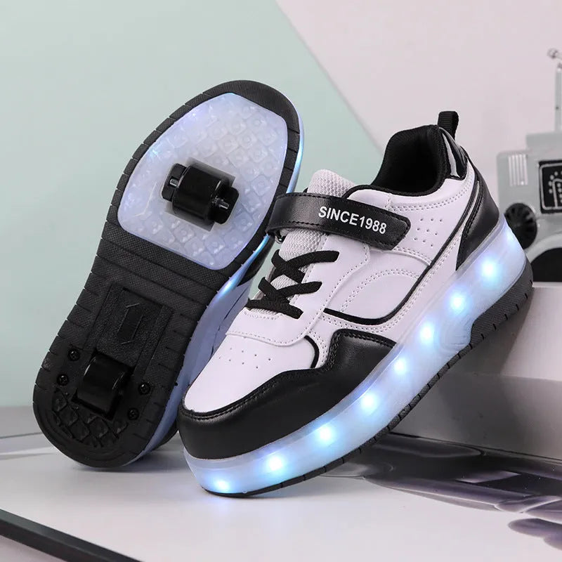 Boys and girls charging flash roller skates with LED light wheels in pink colour