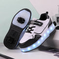 Boys and girls charging flash roller skates with LED light wheels in pink colour