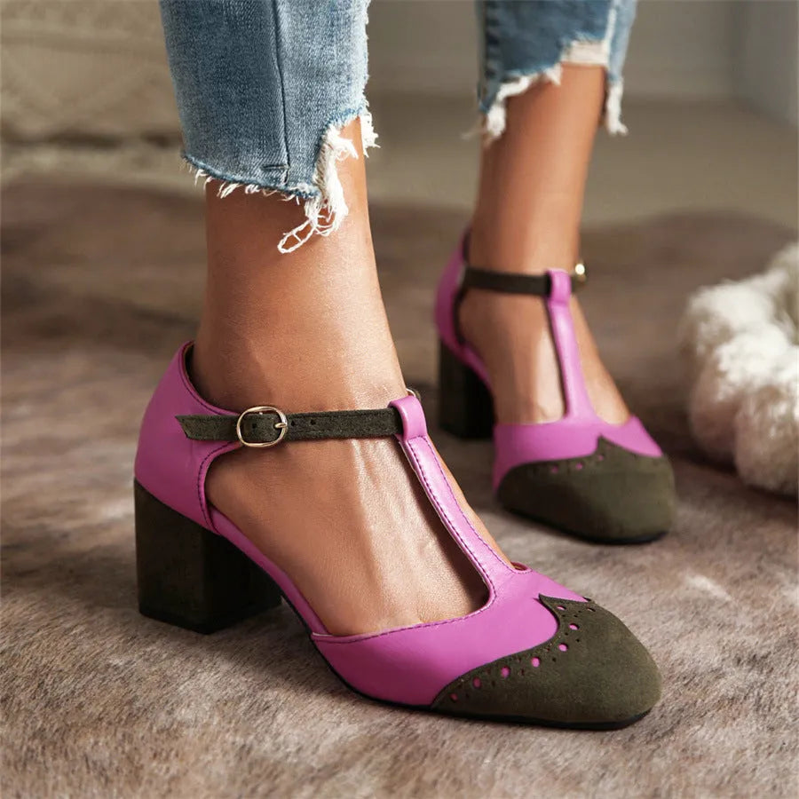 Women's two-tone T-strap high-heel sandals in green and purple with buckle fastening and round toe