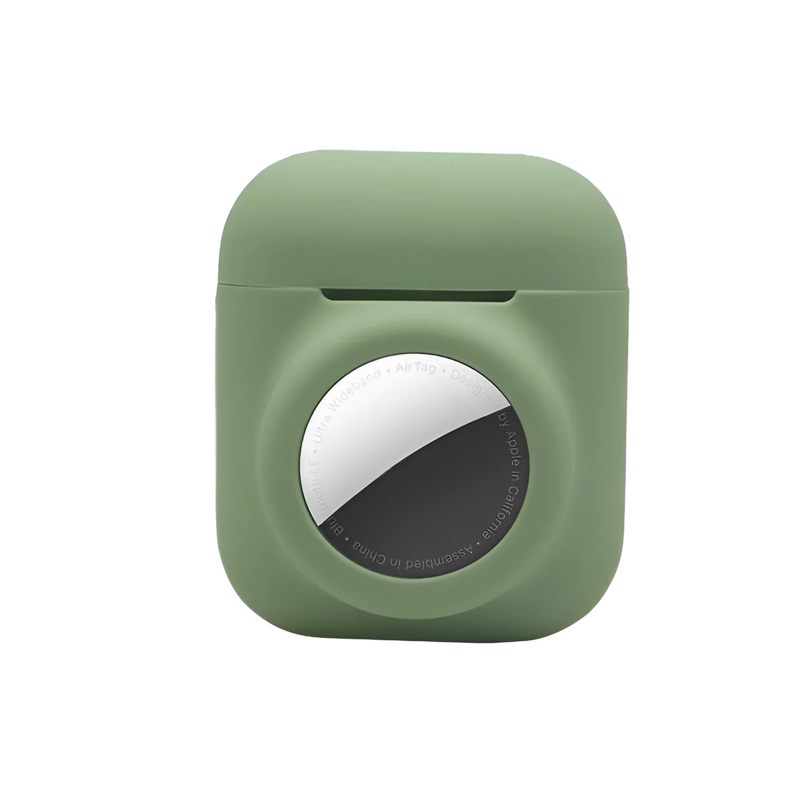 Silicone flip cover case for Apple AirTag showing twelve colour options including luminous green and avocado