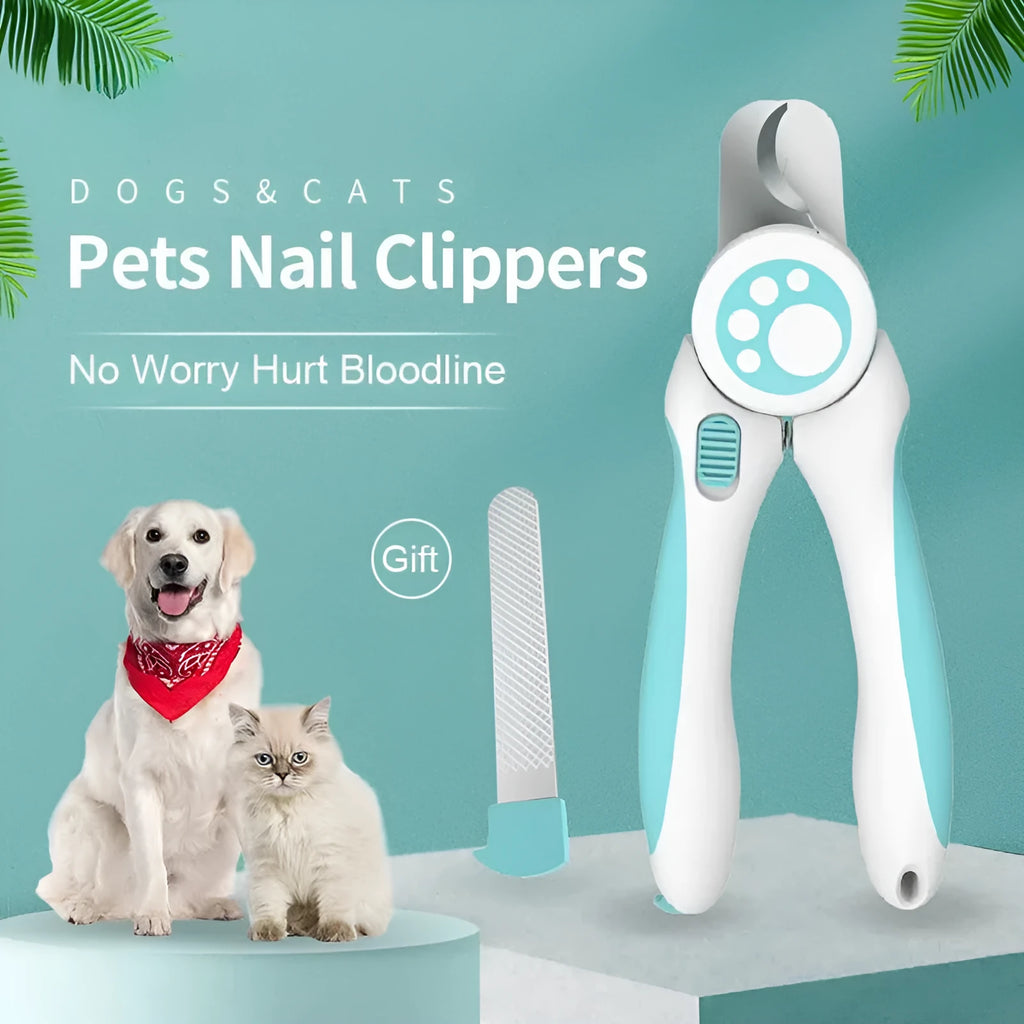Blue and white professional pet nail clipper with stainless steel blades and safety lock