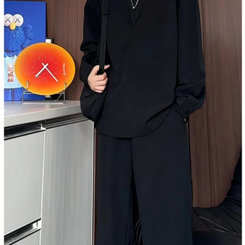 Men's black slim-fit long sleeve polo shirt and trousers two-piece casual suit set.