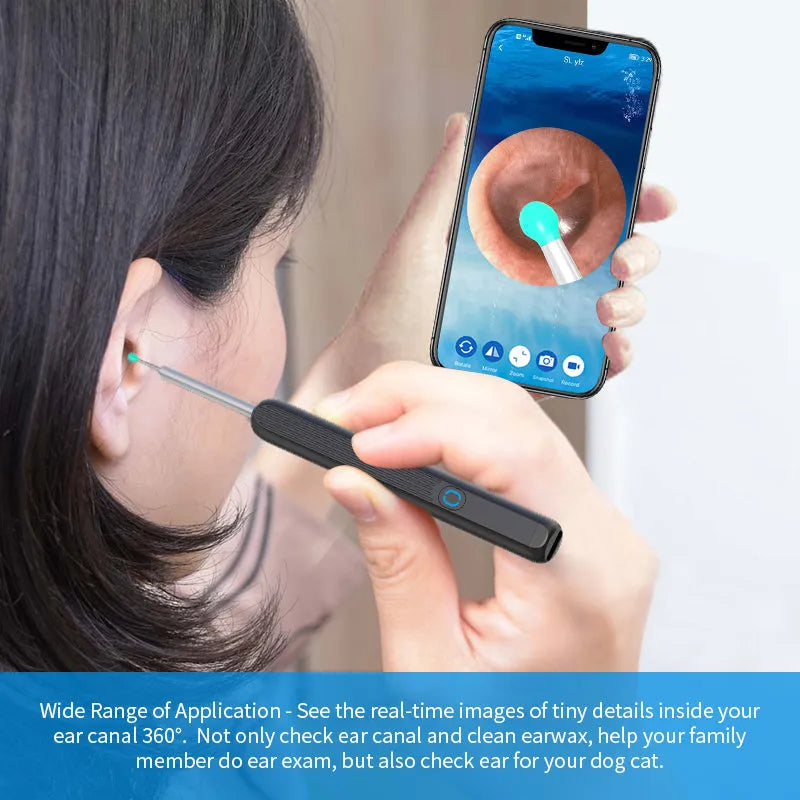 NE3 wireless otoscope ear cleaner with camera, LED light, and spoon heads on a white background.