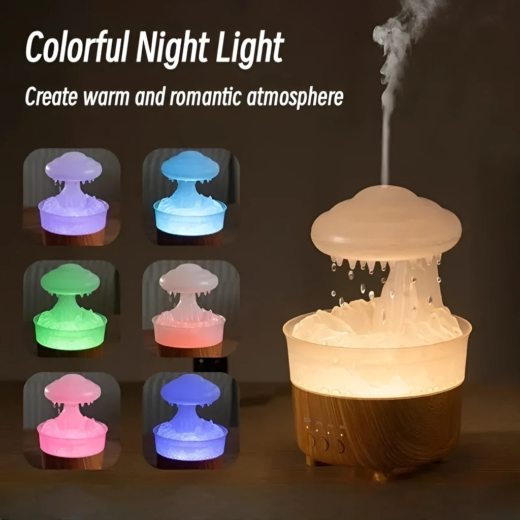 Wood grain rain cloud shaped ultrasonic humidifier and essential oil diffuser with coloured LED lights.