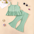 Girls cotton tricolor overall dress set in ocean green with shirt and pants, front view