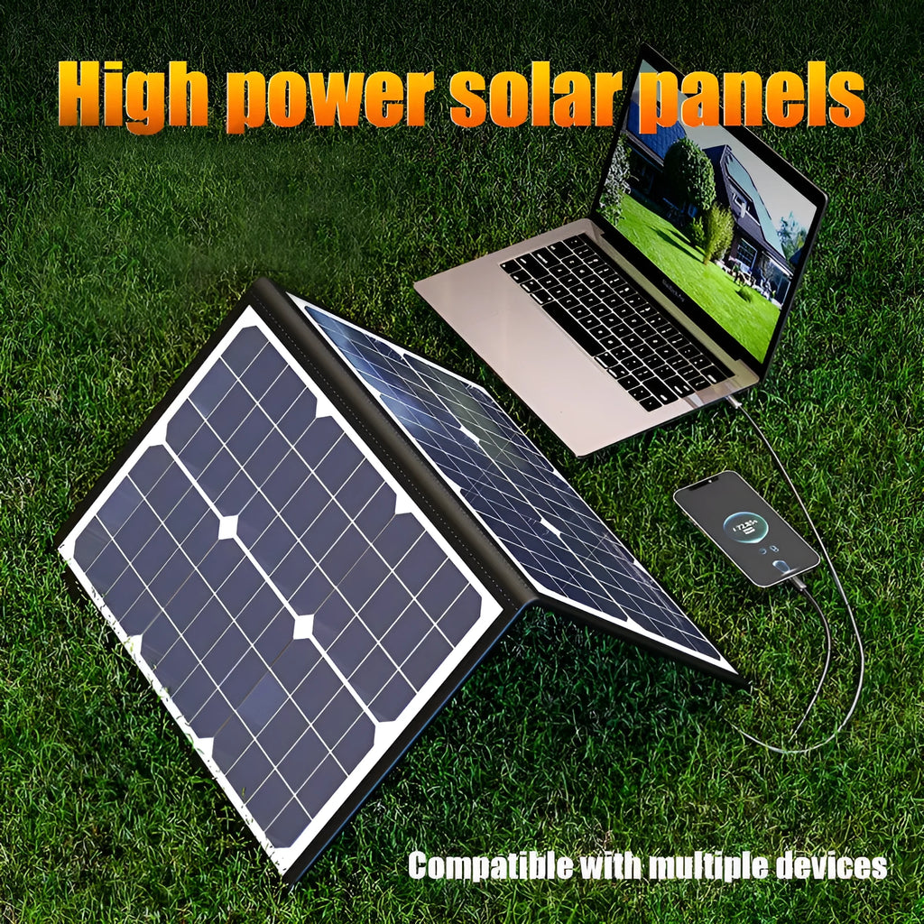 Black 40W solar panel folded inside a slim polyester bag, showing its compact 425mm by 285mm size.