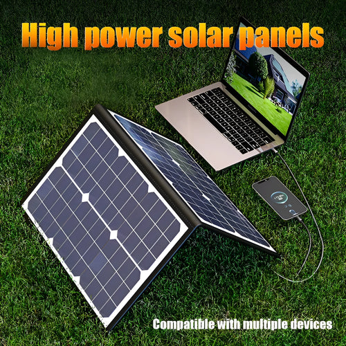 Black 40W solar panel folded inside a slim polyester bag, showing its compact 425mm by 285mm size.