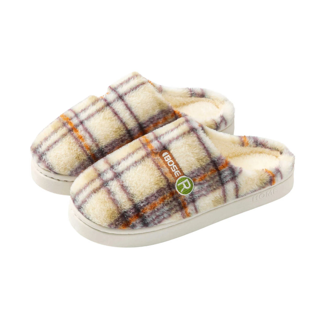 Plaid pattern cotton slippers with a non-slip PVC sole shown in A857 Coffee colour.