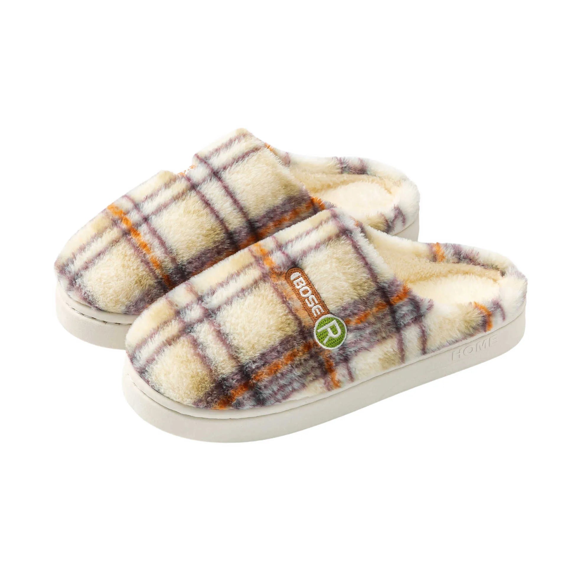 Plaid pattern cotton slippers with a non-slip PVC sole shown in A857 Coffee colour.