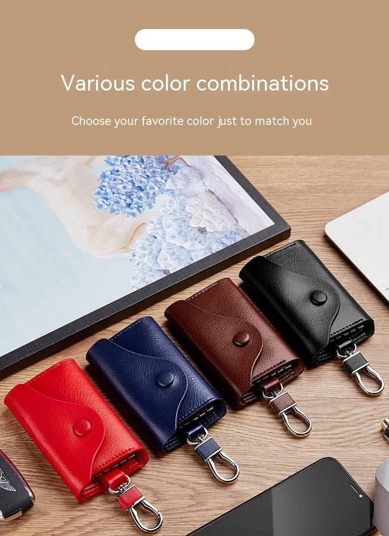 Genuine leather keychain card holder in square vertical design with key mapping organisation