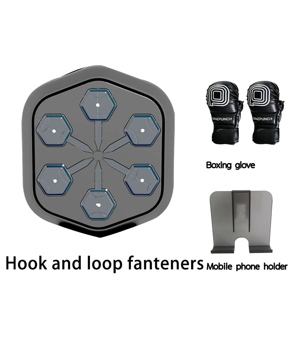 Black smart music boxing machine with Bluetooth connectivity and Velcro straps.