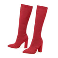 Women's thick high-heel thigh boots in solid black colour with PU upper and super high heel above 8cm
