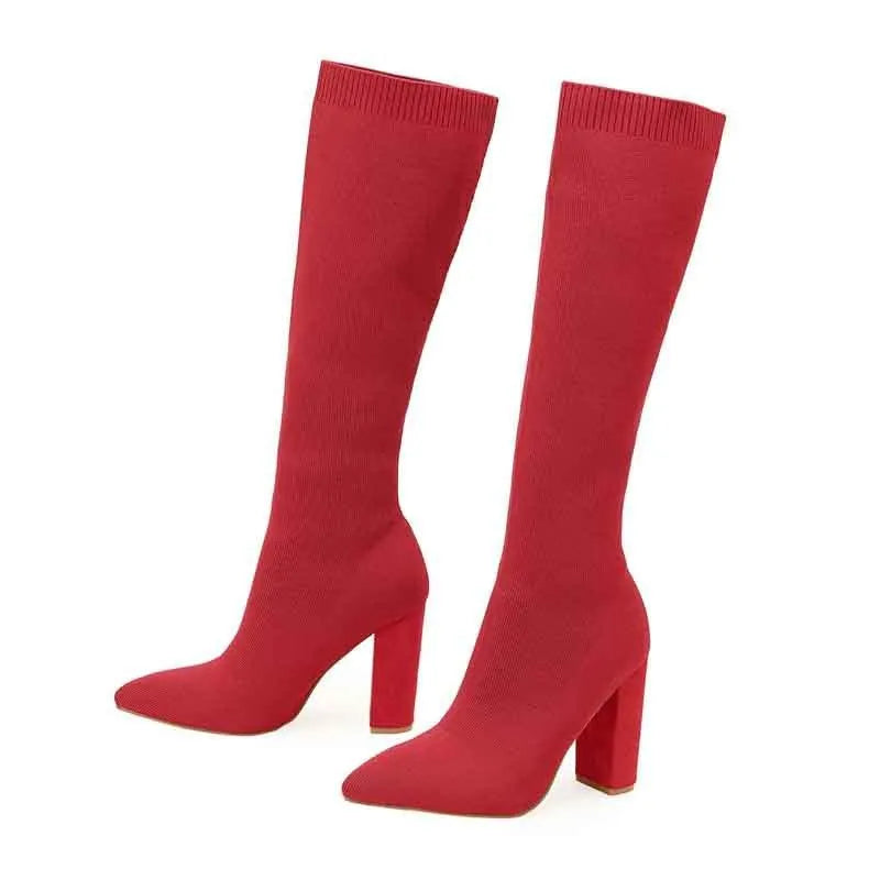 Women's thick high-heel thigh boots in solid black colour with PU upper and super high heel above 8cm