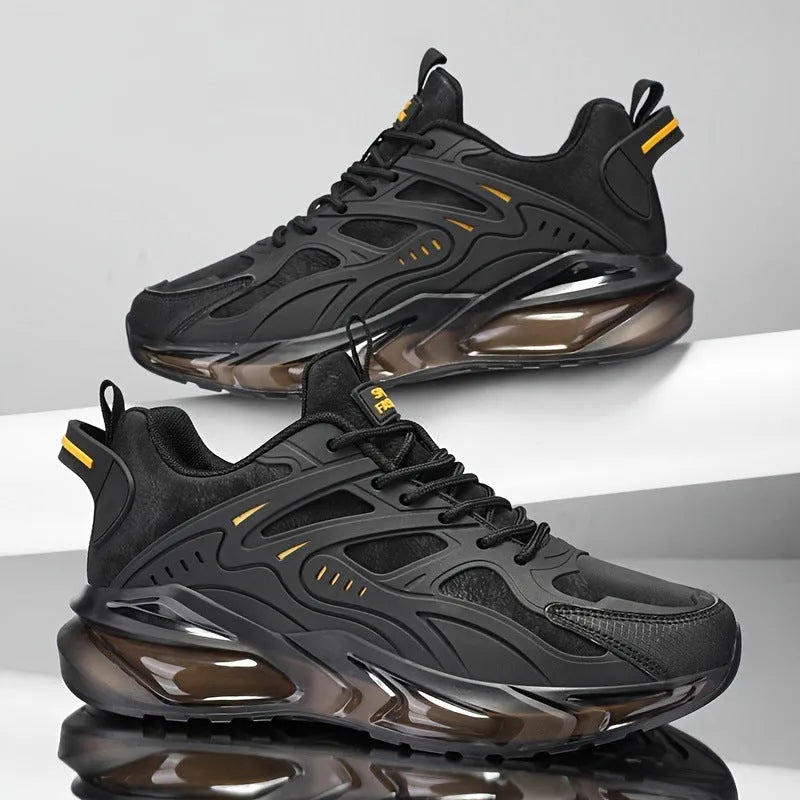 Men's black and grey low-top canvas casual sports sneakers with shock-absorbing soles.