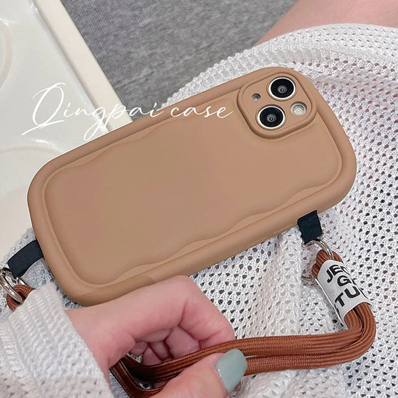 TPU phone case with ribbon wrist lanyard for Apple iPhone, all-inclusive solid colour cover