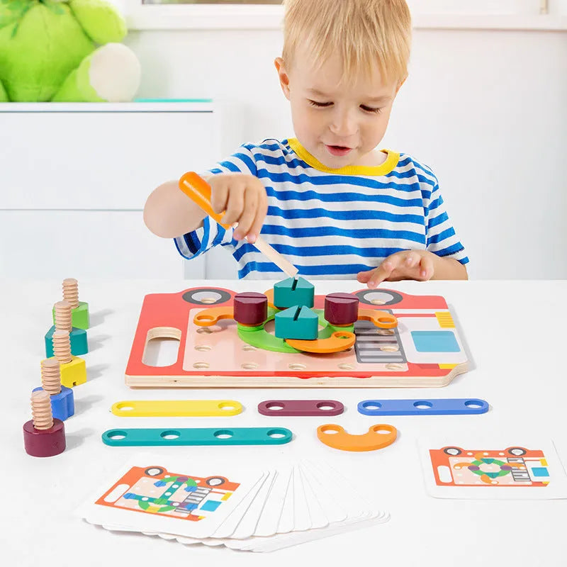 Children twist screws changeable shape matching wooden puzzle in colourful design
