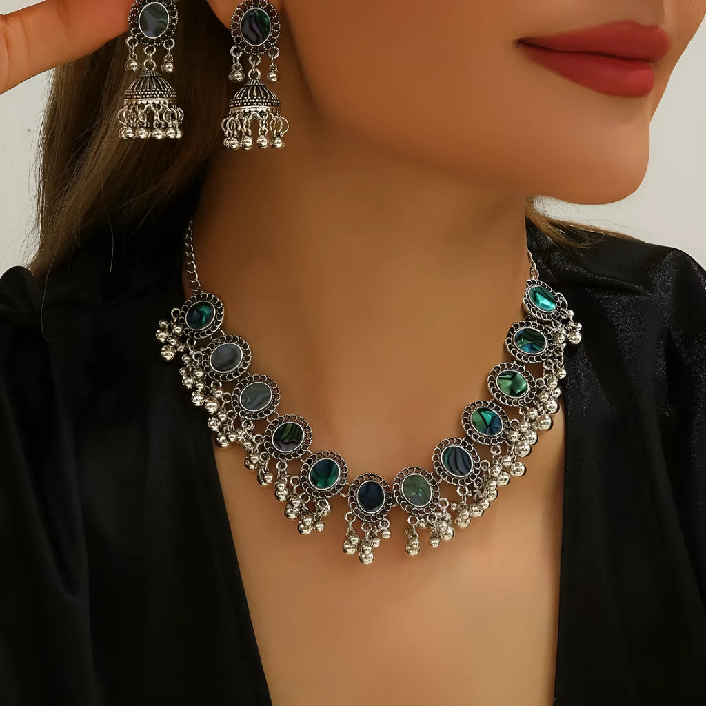 European American retro Indian style abalone shell Bohemian round ethnic alloy necklace and earrings set for women in colour XL-012