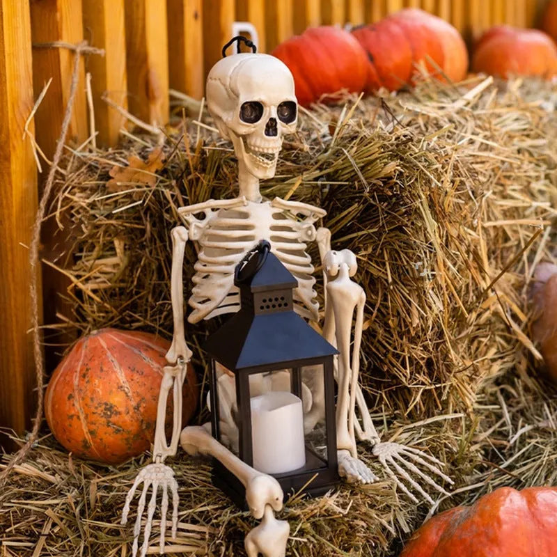 90cm tall posable plastic skeleton Halloween decoration on a white background