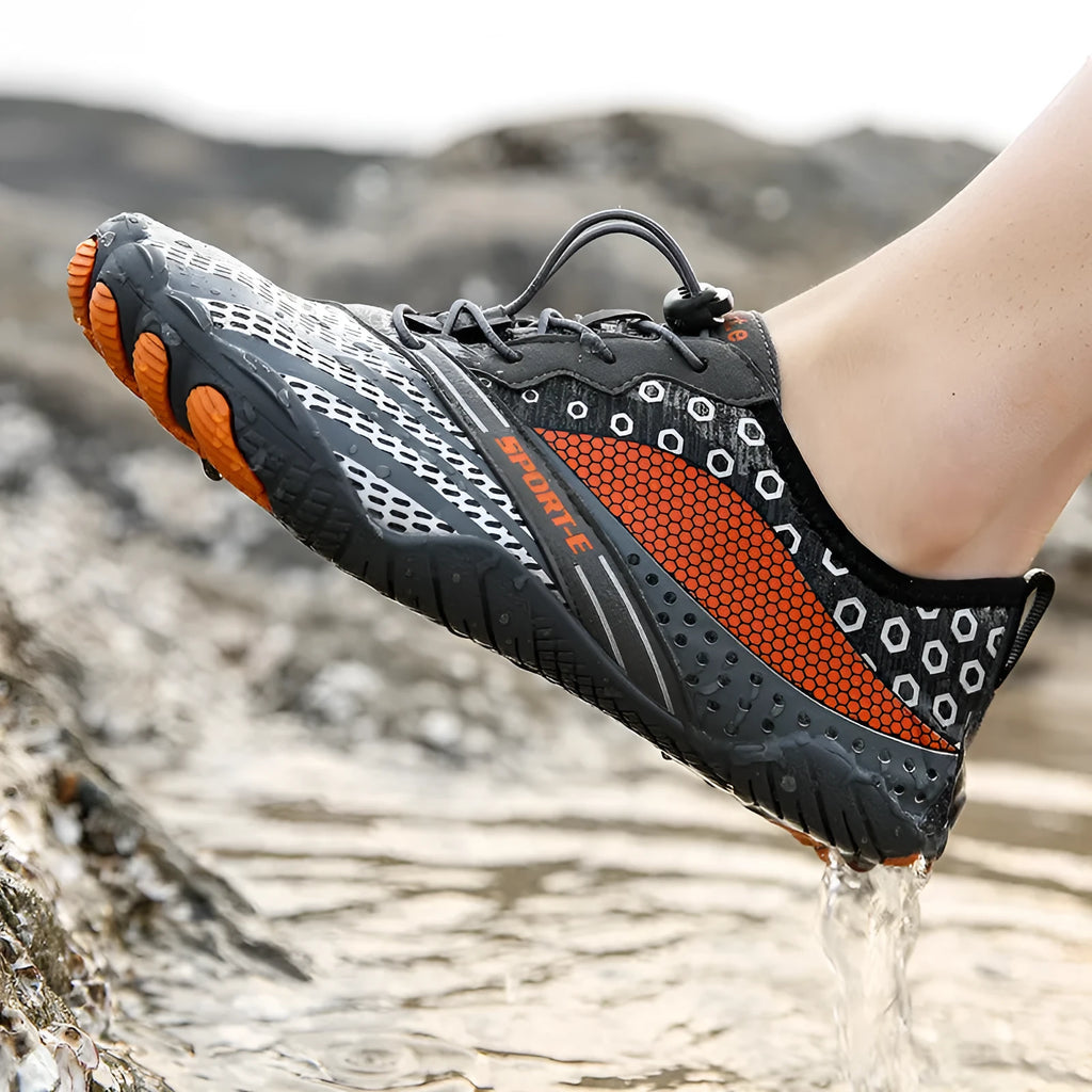 Five-finger wading shoes with Lycra upper and non-slip rubber outsole in black for river fishing.