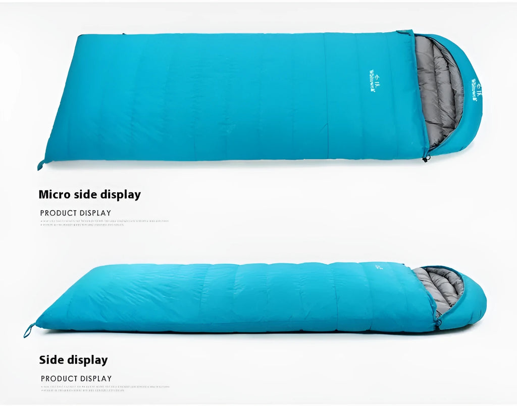 Black outdoor sleeping bag with envelope design, filled with goose down and made from tear-resistant nylon.