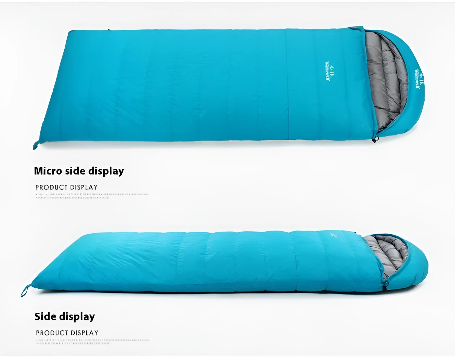 Black outdoor sleeping bag with envelope design, filled with white goose down for cold weather camping.