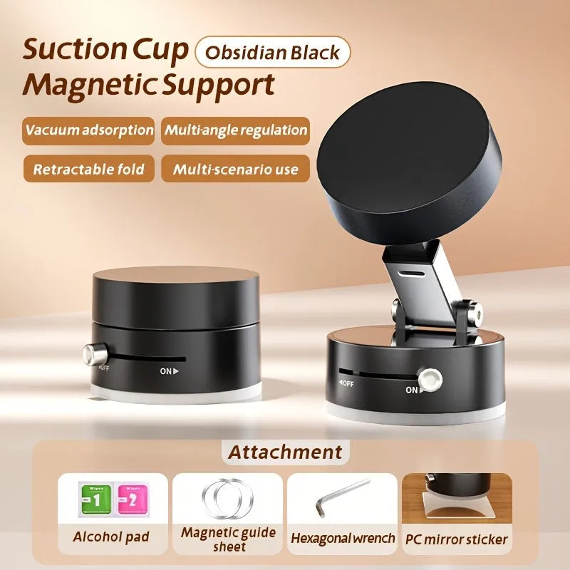 Black magnetic car phone mount with vacuum suction cup and 360-degree rotation ball joint on dashboard